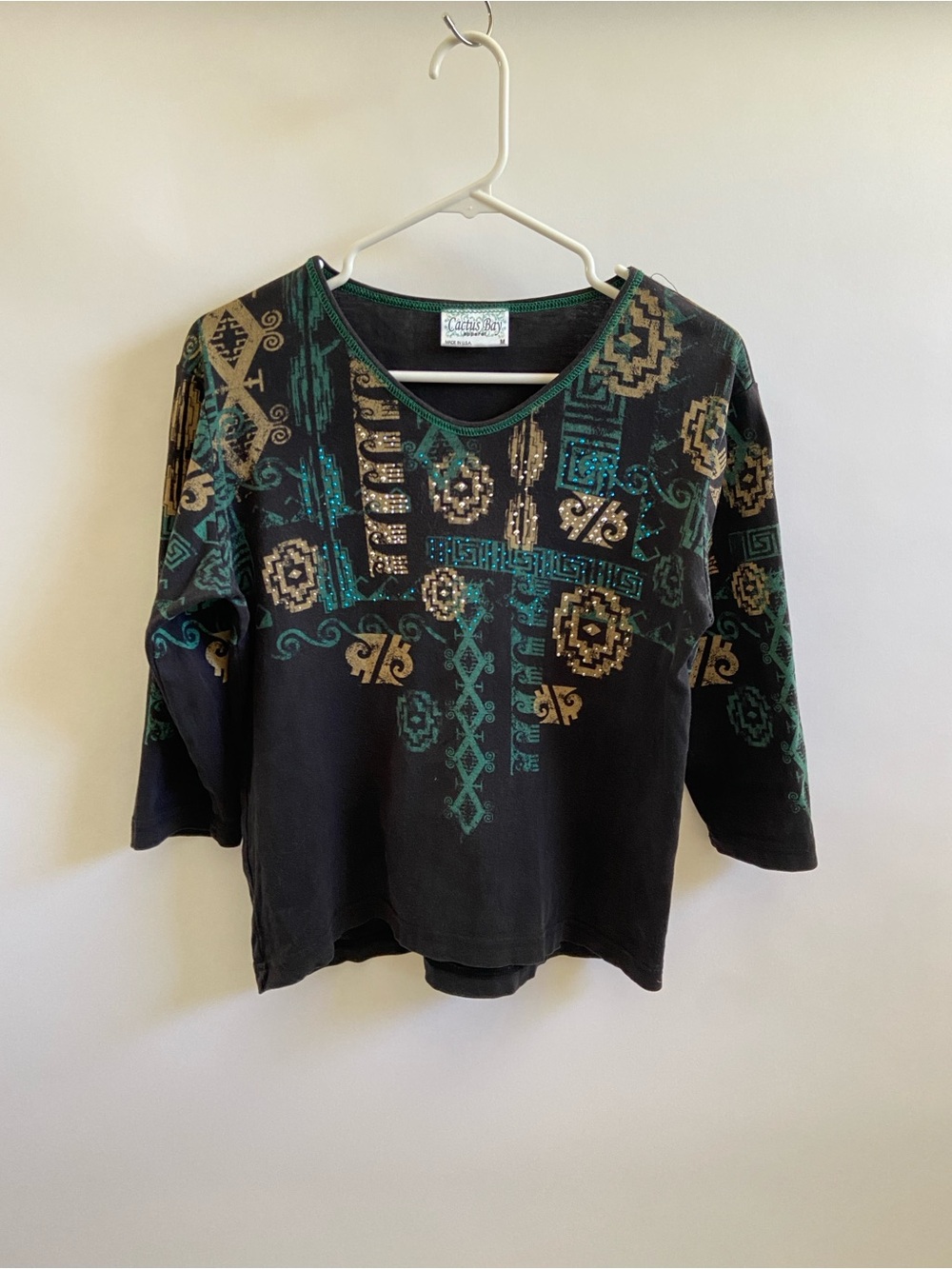 Cactus Bay Black, Teal & Gold Patterned 3/4 Sleeve Top